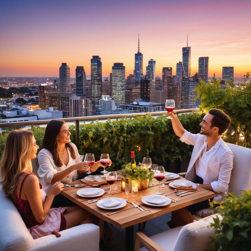 A stylish urban rooftop vineyard at sunset, with luxurious seating and elegant wine glasses filled with red and white wine. A diverse group of friends joyfully raising their glasses in a toast, surrounded by twinkling city lights and lush greenery. Soft fairy lights hang above, creating a warm, inviting atmosphere. The skyline features modern high-rises, blending nature with luxury living. vibrant colors. painting.