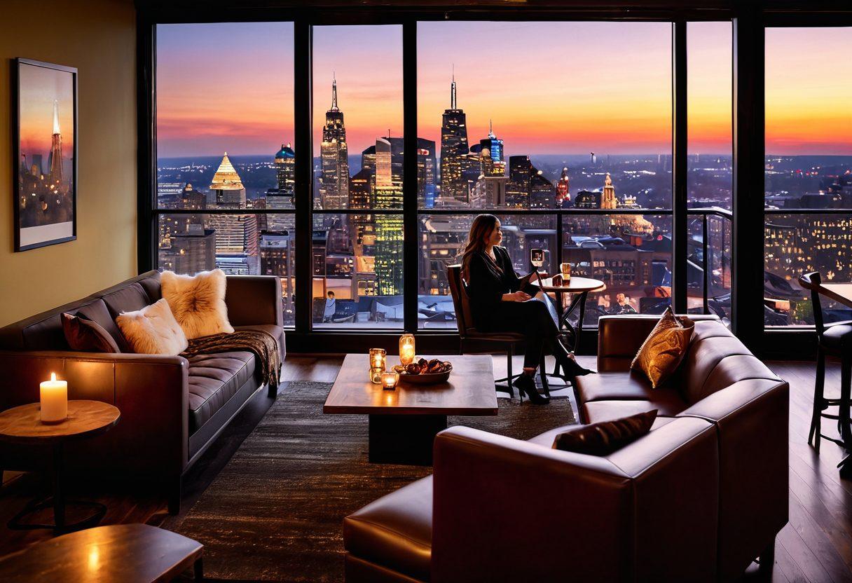 A warm, inviting urban bar scene with soft ambient lighting, plush seating areas filled with diverse groups of friends enjoying glasses of wine. Include a stylish wine rack in the background, urban art on the walls, and large windows showing a city skyline at sunset. Capture a sense of relaxation and joy, with cozy throw blankets and candles on tables. super-realistic. vibrant colors. warm tones.