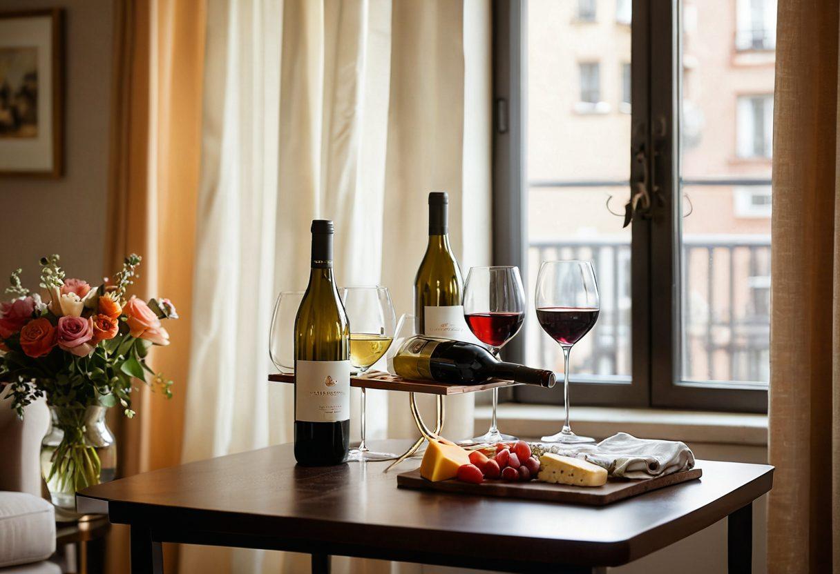 A cozy, modern apartment interior featuring a stylish wine rack filled with assorted bottles of wine. A sunlit window displays a small table set for two with elegant wine glasses, a cheese platter, and soft fabric curtains gently swaying. Fresh flowers add a touch of vibrancy, while a warm color palette enhances the inviting atmosphere. Include soft textures and ambient lighting to evoke a sense of happiness and comfort. super-realistic. warm colors. soft lighting.